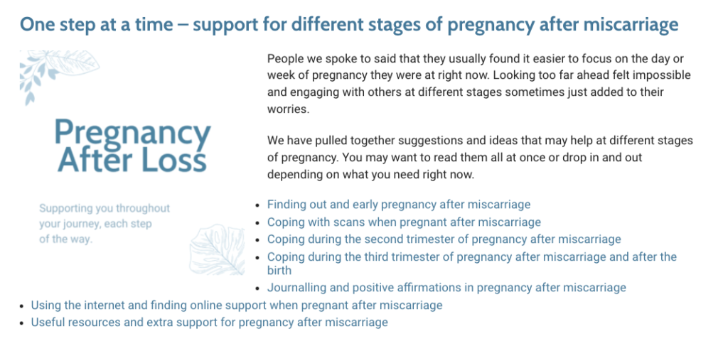 Miscarriage association support for pregnancy after loss