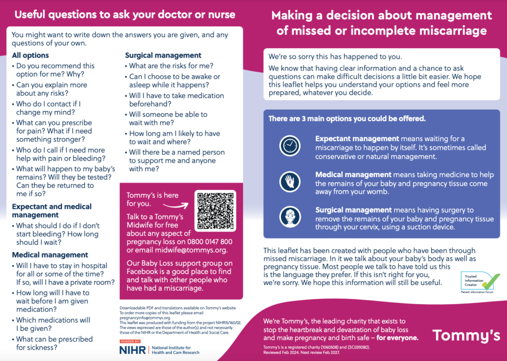 a decision aid for manangement of miscarriage and management of incomplete miscarriage